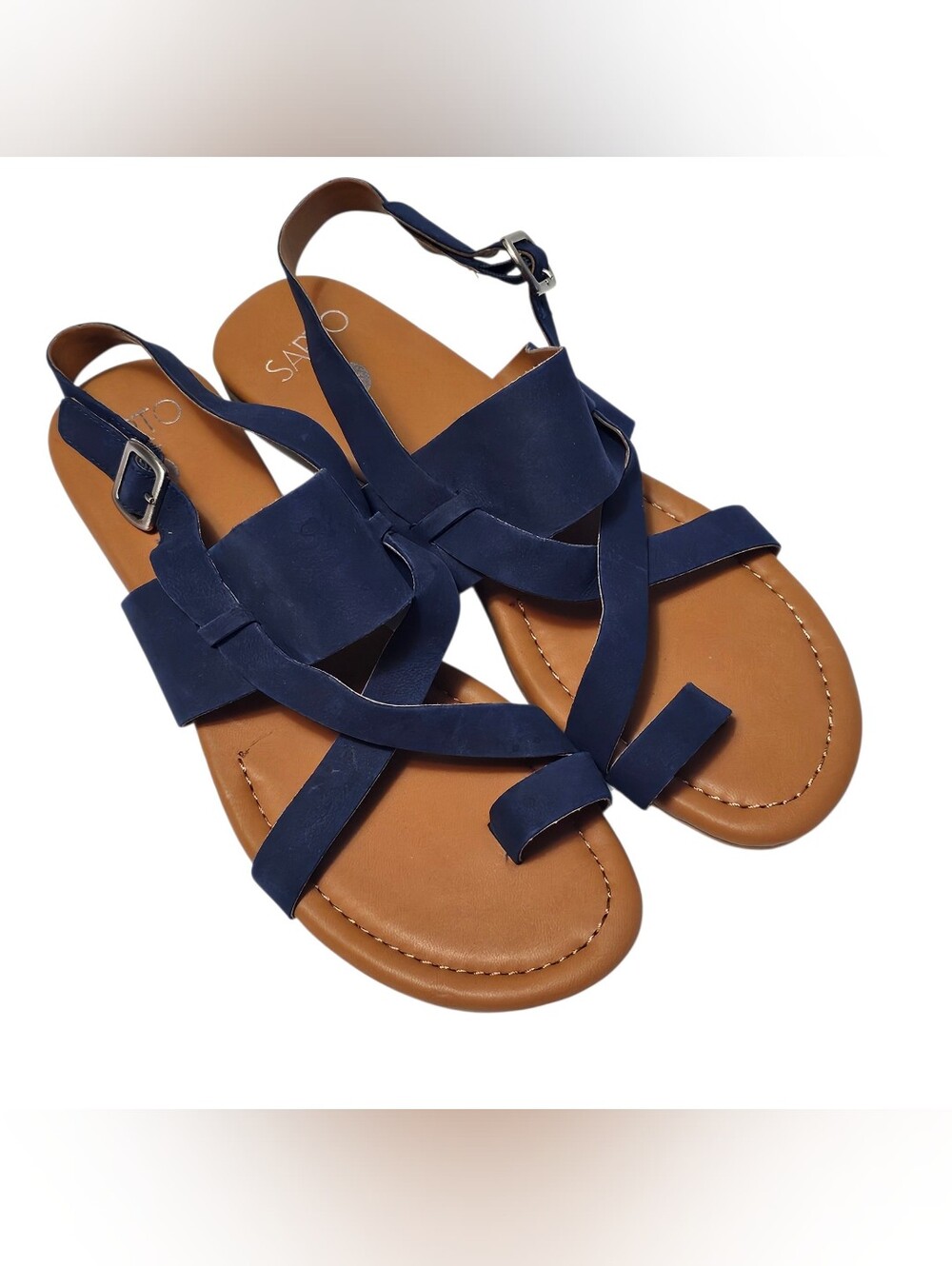 Franco Sarto Blue Gia Leather Suede Strappy Toe Loop Flat Sandals Size 10 M